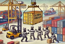 dalle 2024 11 27 150536 a humorous cartoon depicting cargo theft from shipping containers in a port setting the scene shows cartoonish thieves dressed in striped shirts and 1