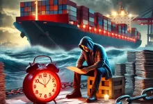 dalle 2024 12 06 225342 a realistic depiction of a stressed seafarer sitting on the deck of a large cargo ship at sea during twilight the seafarer is surrounded by piles of