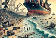 dalle 2024 12 06 231347 a powerful illustration depicting the hazardous shipbreaking practices on south asian beaches the image shows a large cargo ship being dismantled on