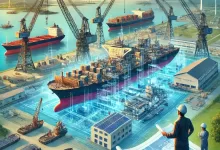 dalle 2024 12 06 233726 a conceptual illustration depicting vietnams shipbuilding industry the image features a modern shipyard with large cranes assembling advanced ships