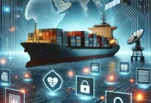 dalle 2024 12 06 235453 a conceptual illustration representing cyber risks in the maritime industry the image features a modern cargo ship at sea surrounded by glowing digi