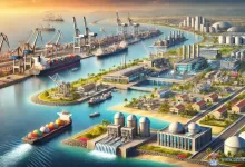 dalle 2024 12 09 002655 an illustration representing indias maritime ambitions and developments in port infrastructure the scene features a modern indian port with large ca.webp