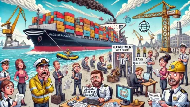 dalle 2024 12 13 174005 a wide angle cartoon style illustration depicting the challenges of the global seafarer shortage in the shipping industry the scene includes a large.webp